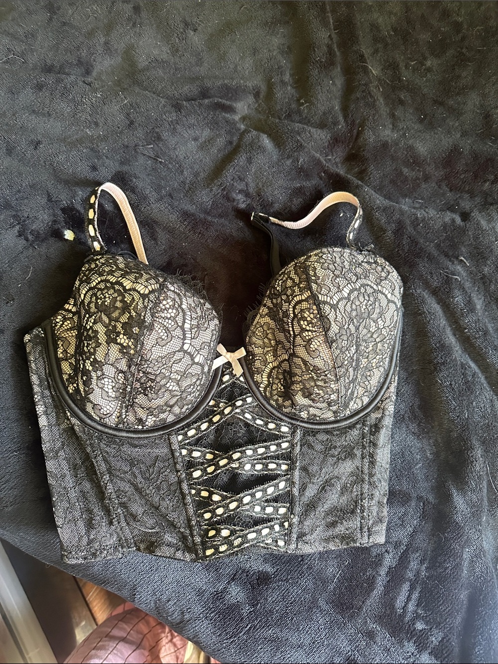 Victoria's Secret Black Lace Longline Bustier Bra with Ribbon Detail